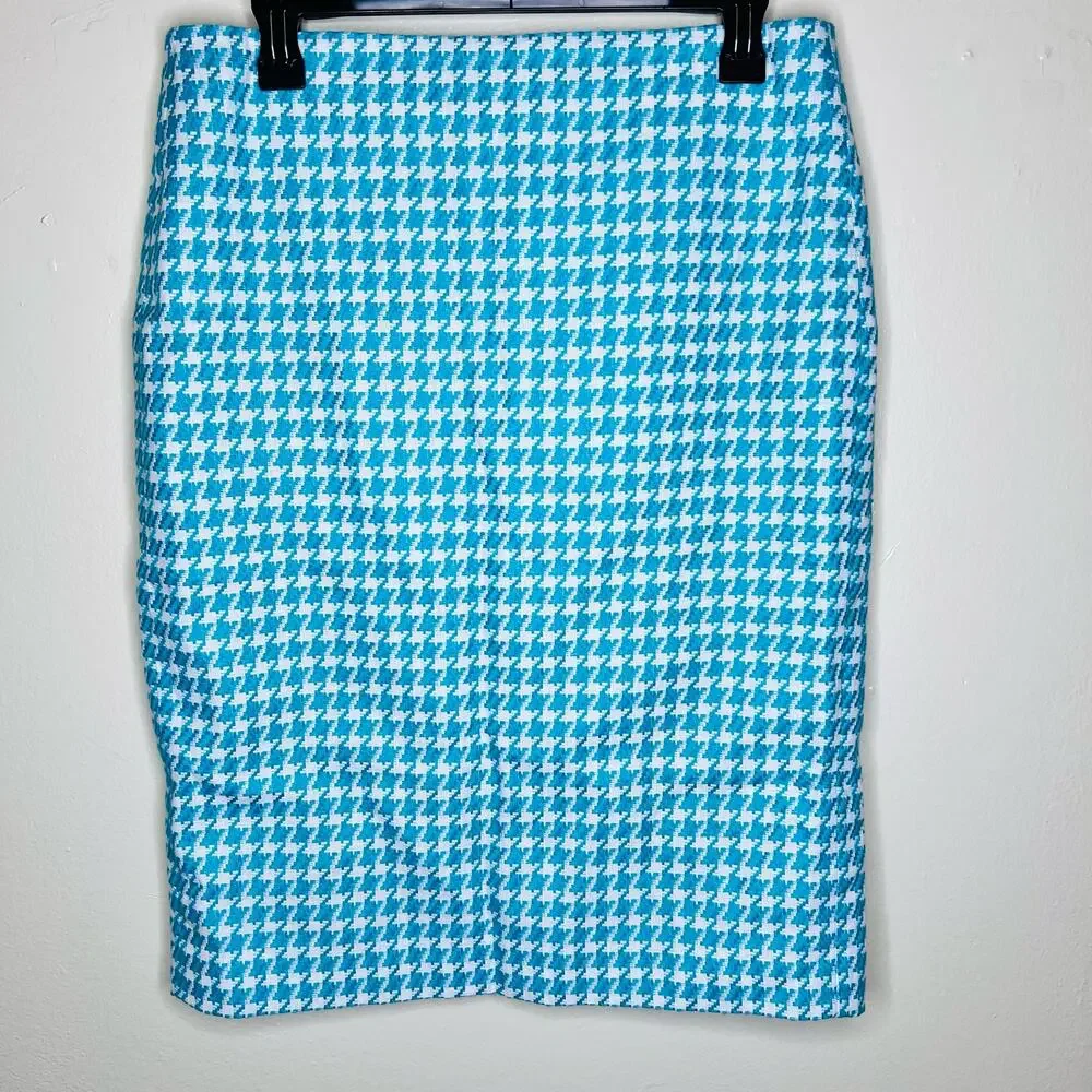 Talbots Pencil Skirt 10 Blue White Houndstooth Knit High Waist Knee Length Work